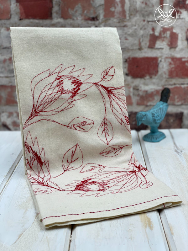 Threads That Bind Us Red Protea Tea Towel