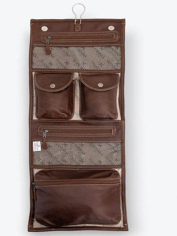 Thandana Canvas & Leather Roll Up Toiletry Bag - Charcoal with Tobacco Leather
